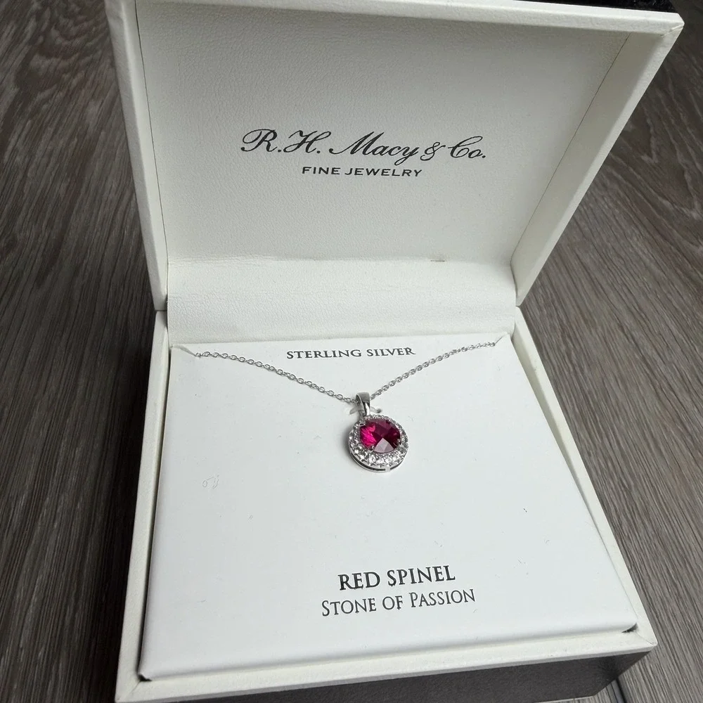 Macy's R.H. Macy & Co Fine Jewelry Red Spinel Halo Pendant Necklace 925 New